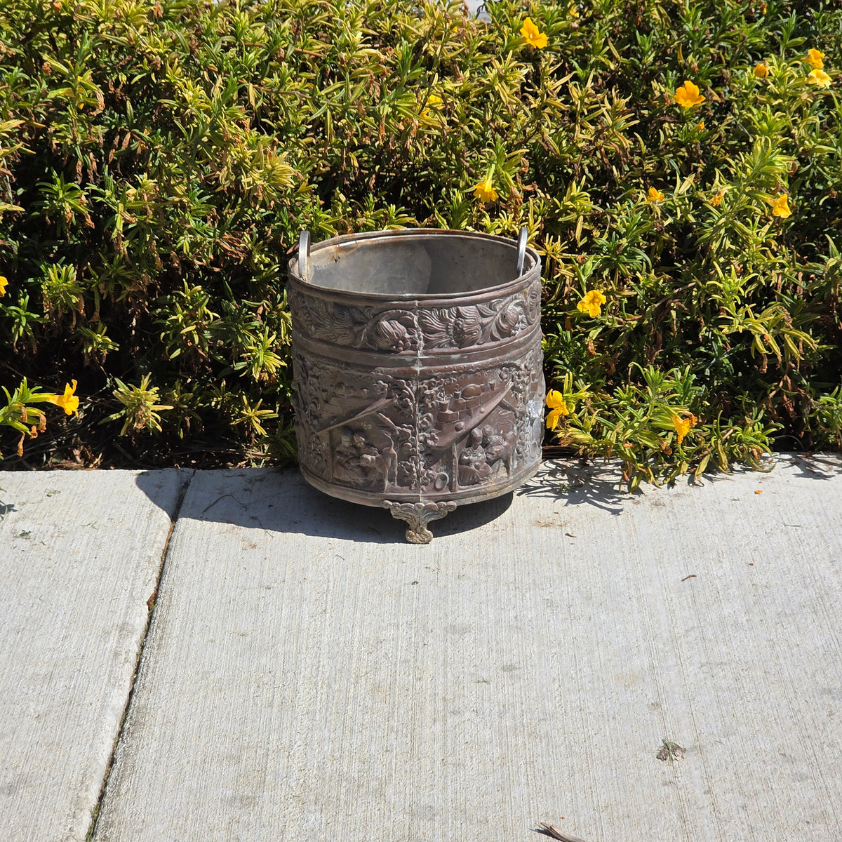 Antique Dutch Copper Repousse Planter Pot Embossed Children Dog Cat Cachepot