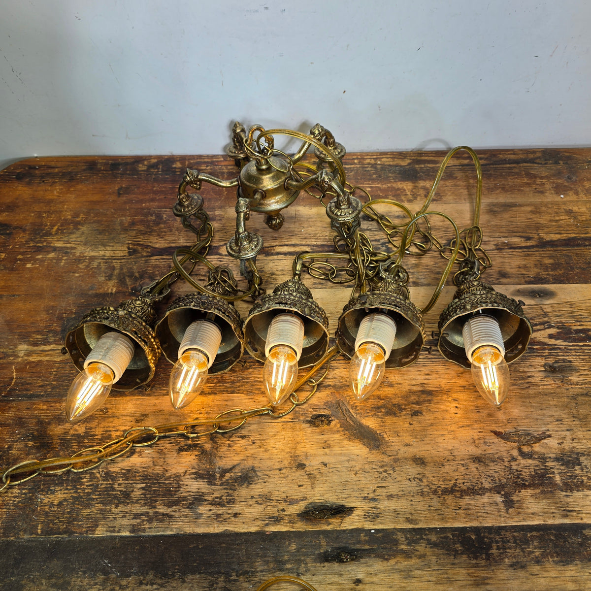 Vintage 1975 EK Hollywood Regency Brass 5 Light Cascade Swag Chandelier Lamp