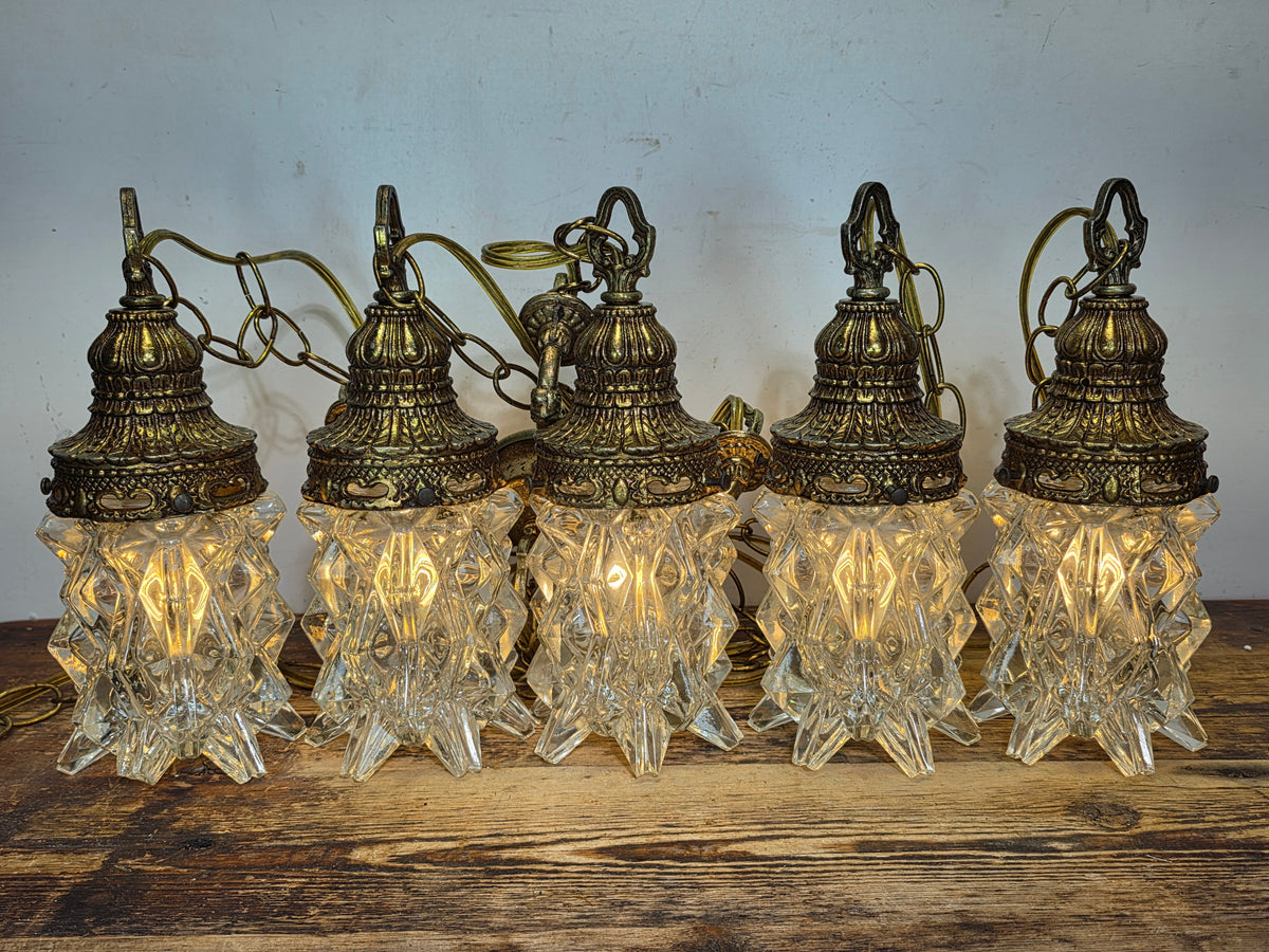 Vintage 1975 EK Hollywood Regency Brass 5 Light Cascade Swag Chandelier Lamp