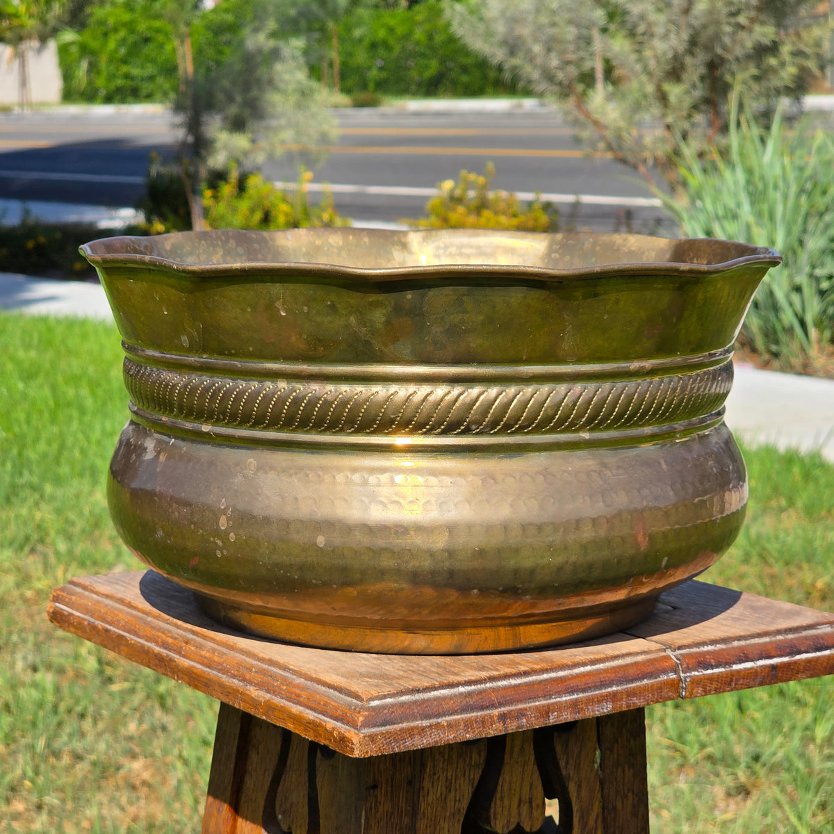 Vintage Solid Brass Planter Bowl 12" India Scalloped Rope Large Jardiniere Gold