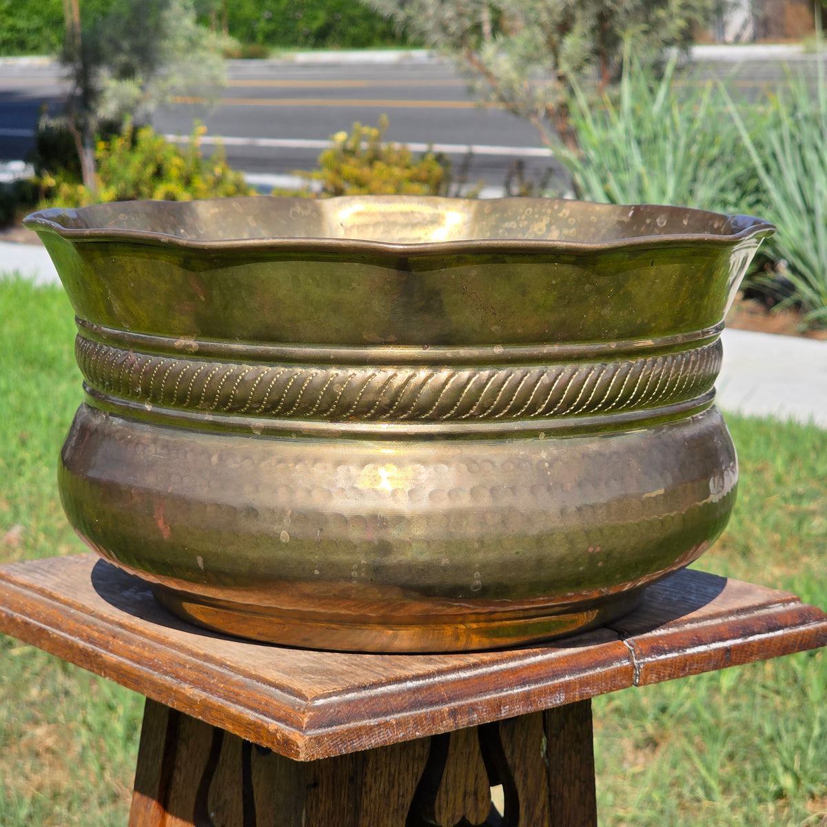 Vintage Solid Brass Planter Bowl 12" India Scalloped Rope Large Jardiniere Gold