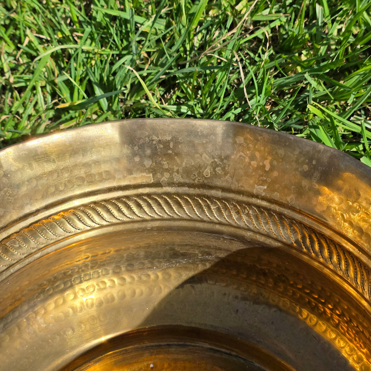 Vintage Solid Brass Planter Bowl 12" India Scalloped Rope Large Jardiniere Gold