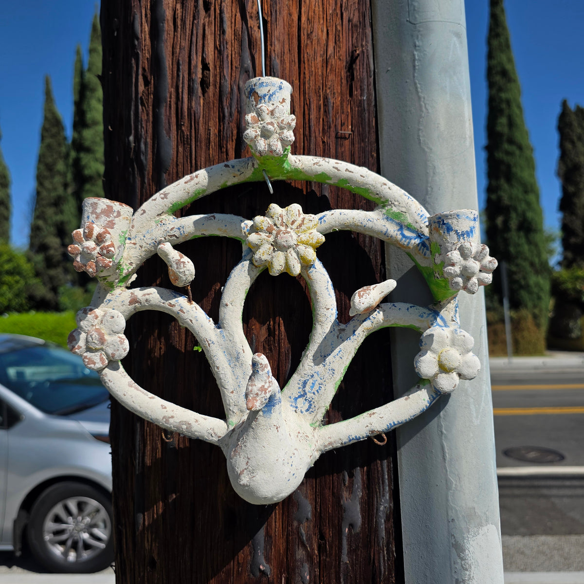 Vintage Mexican Folk Art Pottery Tree of Life Peacock Candle Holder Wall Sconce