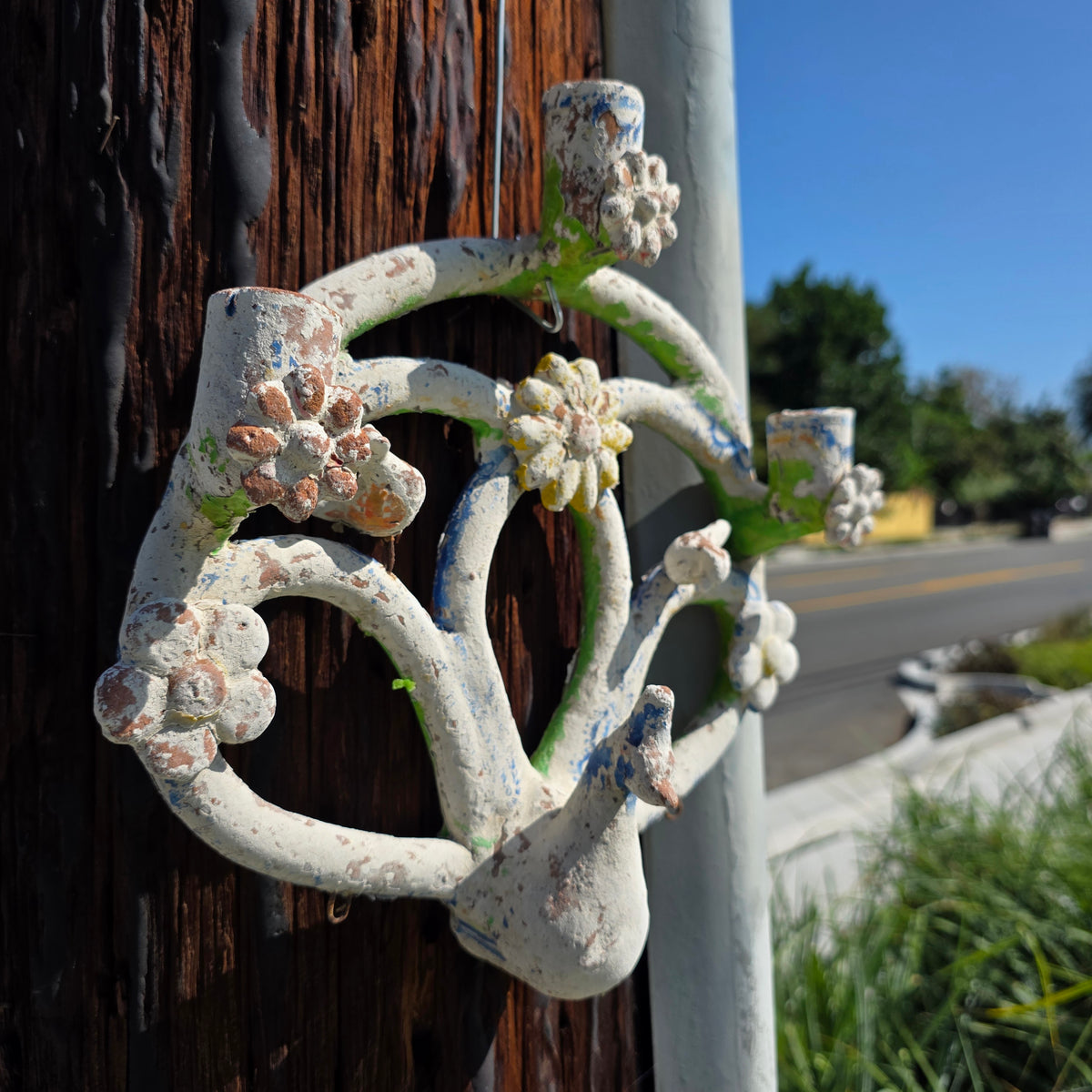 Vintage Mexican Folk Art Pottery Tree of Life Peacock Candle Holder Wall Sconce