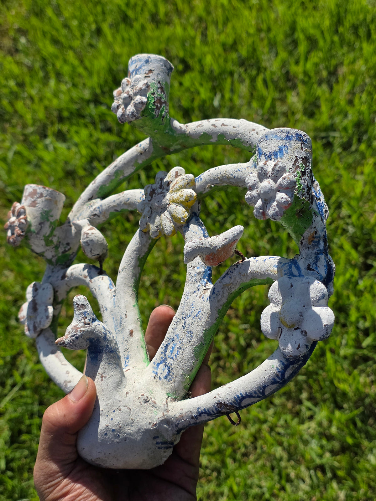 Vintage Mexican Folk Art Pottery Tree of Life Peacock Candle Holder Wall Sconce