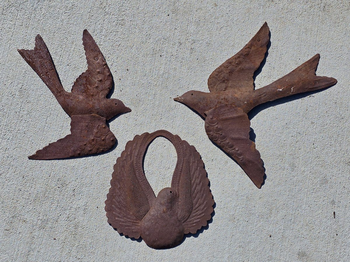Vintage Haitian Metal Art Wall Sculpture Lot 3 Steel Drum Birds Dove Folk Decor