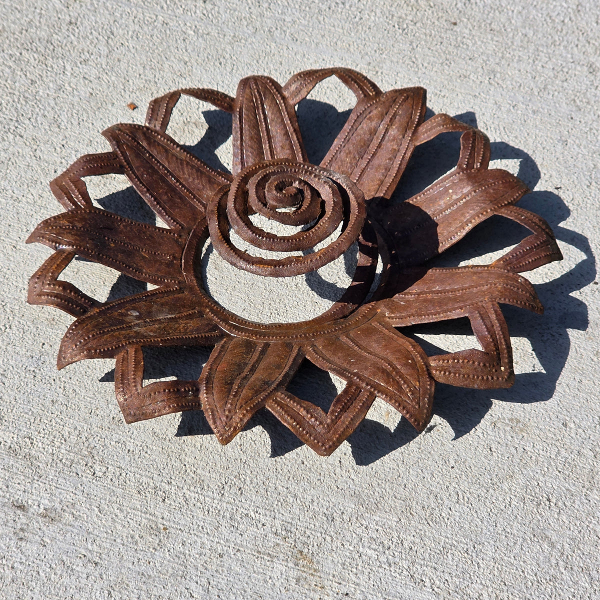 Vintage Haitian Metal Art Sunflower Wall Sculpture Steel Drum Flower Sun Garden