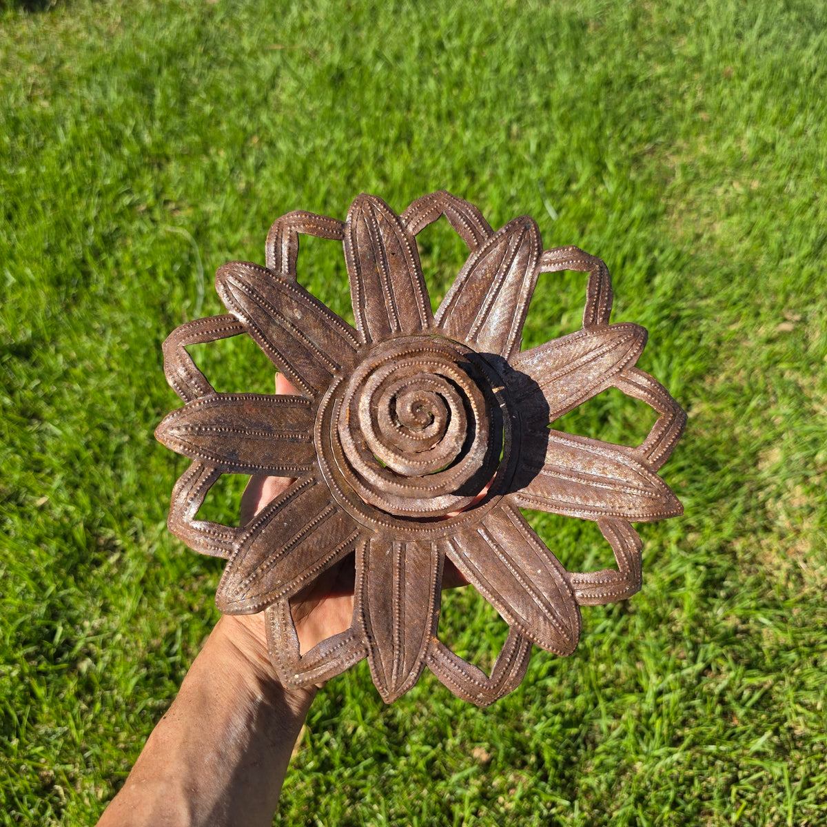 Vintage Haitian Metal Art Sunflower Wall Sculpture Steel Drum Flower Sun Garden