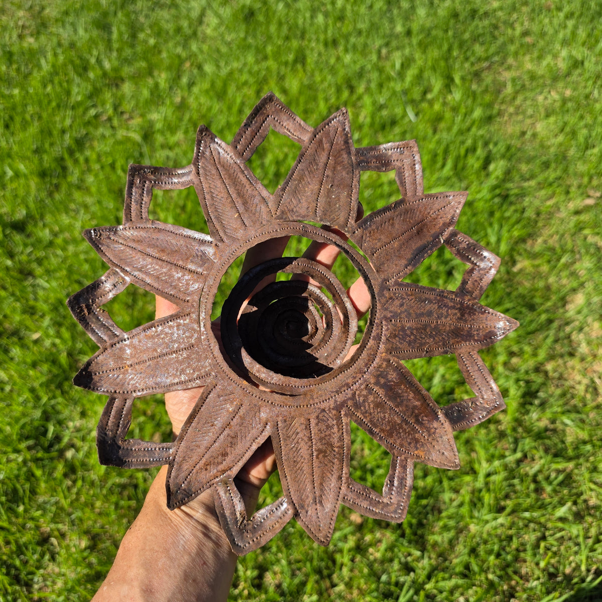 Vintage Haitian Metal Art Sunflower Wall Sculpture Steel Drum Flower Sun Garden