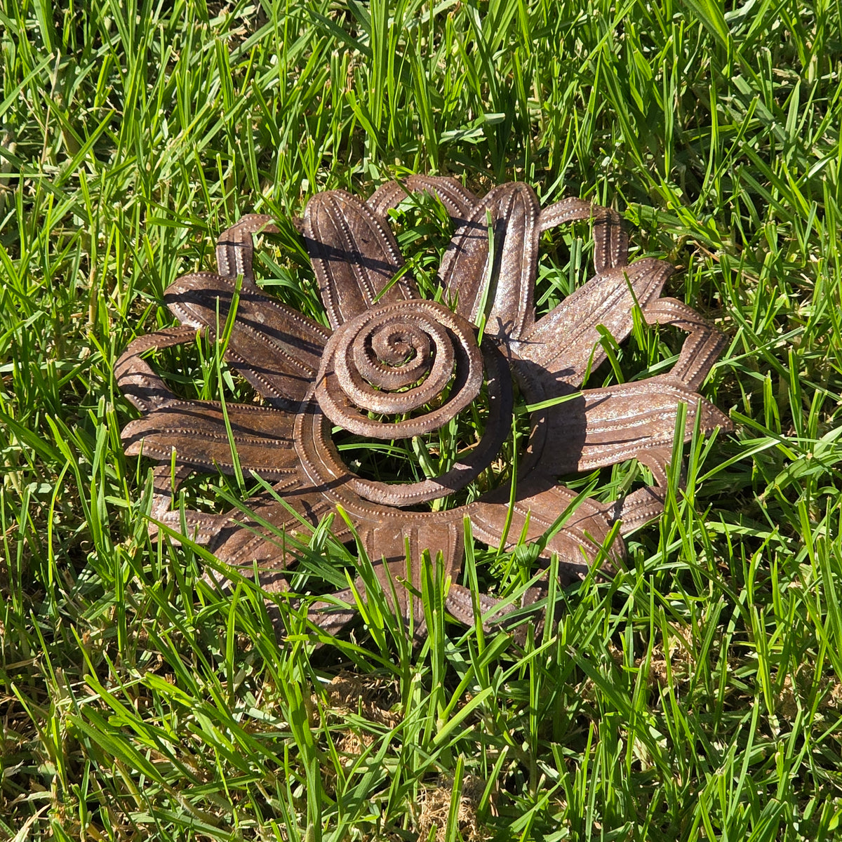 Vintage Haitian Metal Art Sunflower Wall Sculpture Steel Drum Flower Sun Garden