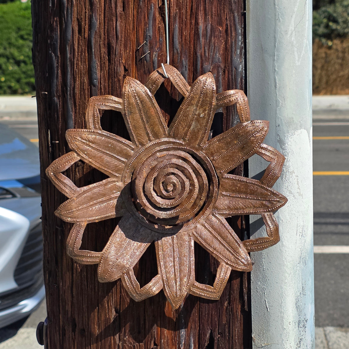 Vintage Haitian Metal Art Sunflower Wall Sculpture Steel Drum Flower Sun Garden