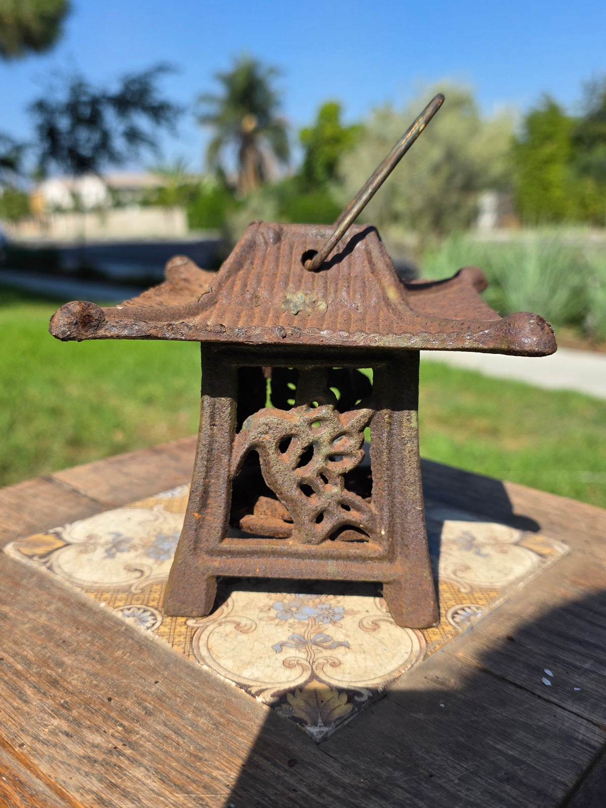 Vintage Japanese Cast Iron Lantern Pagoda Bird Hummingbird Hanging Candle Holder