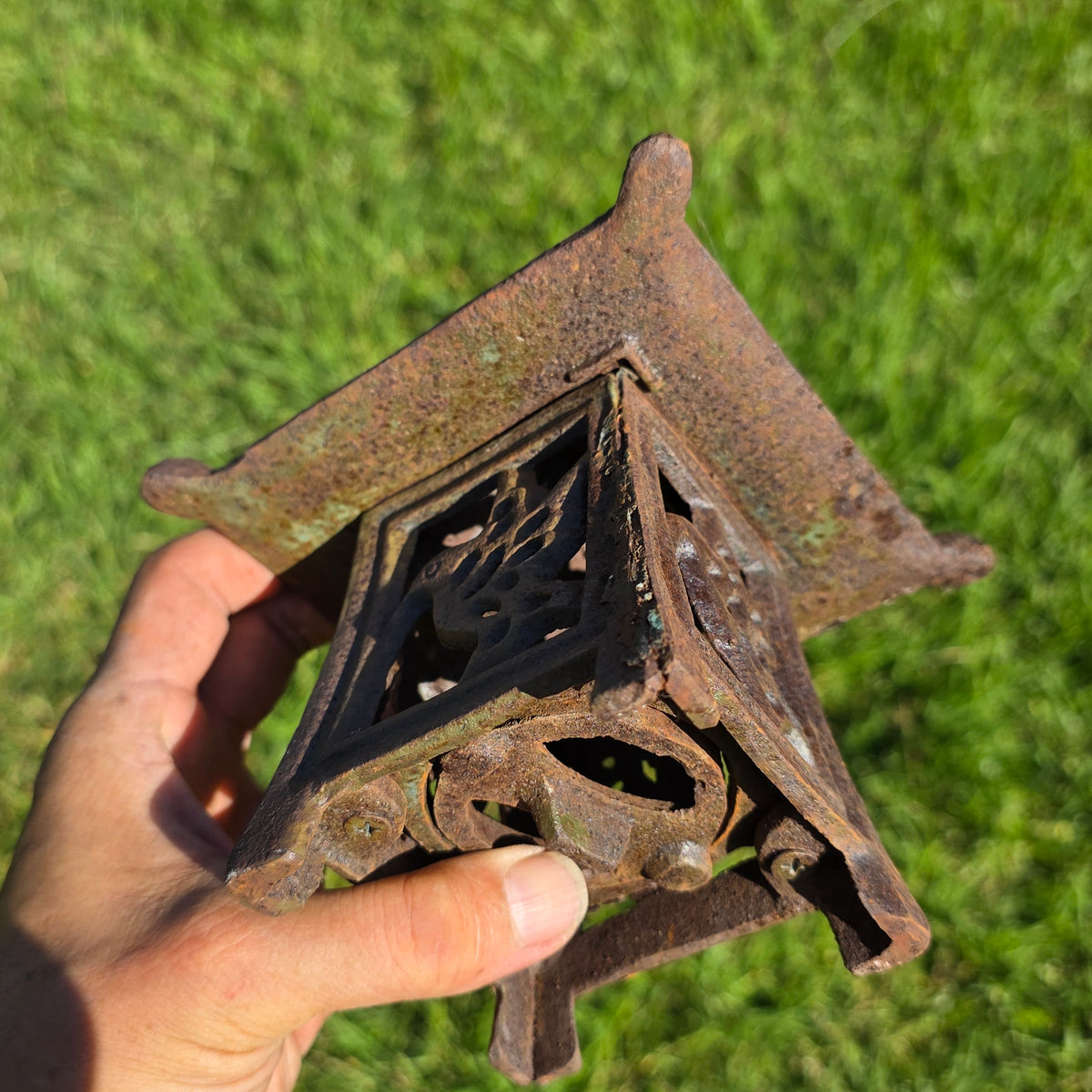 Vintage Japanese Cast Iron Lantern Pagoda Bird Hummingbird Hanging Candle Holder