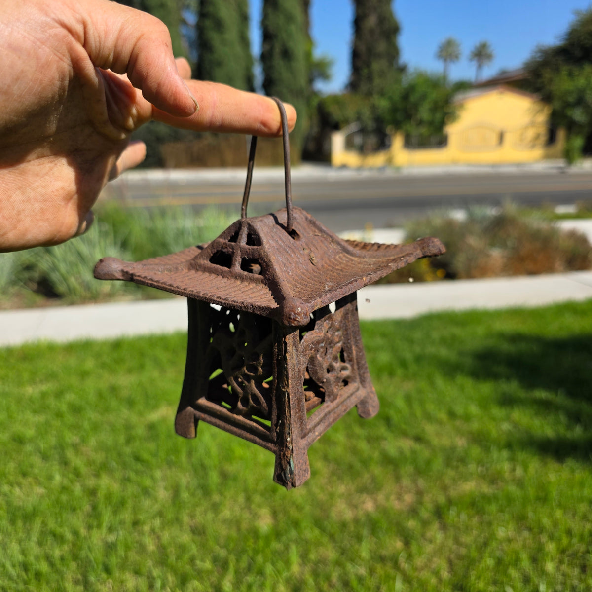 Vintage Japanese Cast Iron Lantern Pagoda Bird Hummingbird Hanging Candle Holder