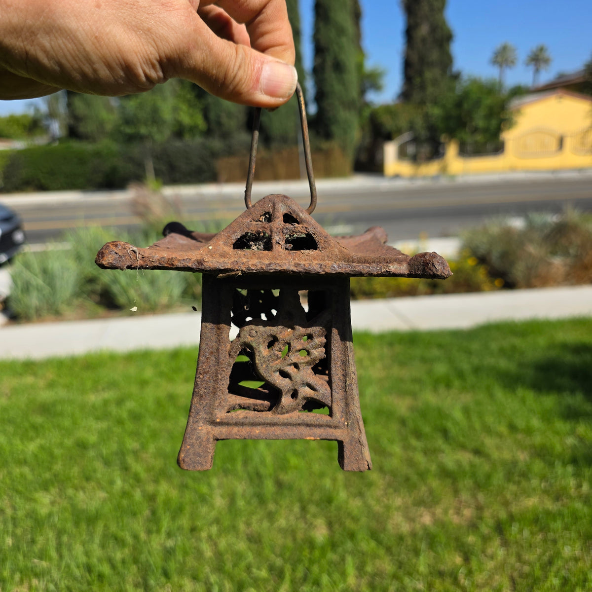 Vintage Japanese Cast Iron Lantern Pagoda Bird Hummingbird Hanging Candle Holder