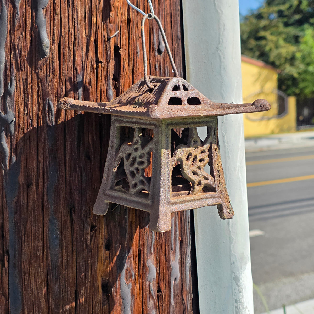 Vintage Japanese Cast Iron Lantern Pagoda Bird Hummingbird Hanging Candle Holder