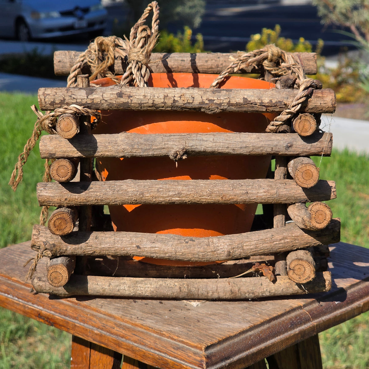 Vintage Rustic Twig Log Cabin Hanging Planter Terracotta Pot Folk Art Boho 9”