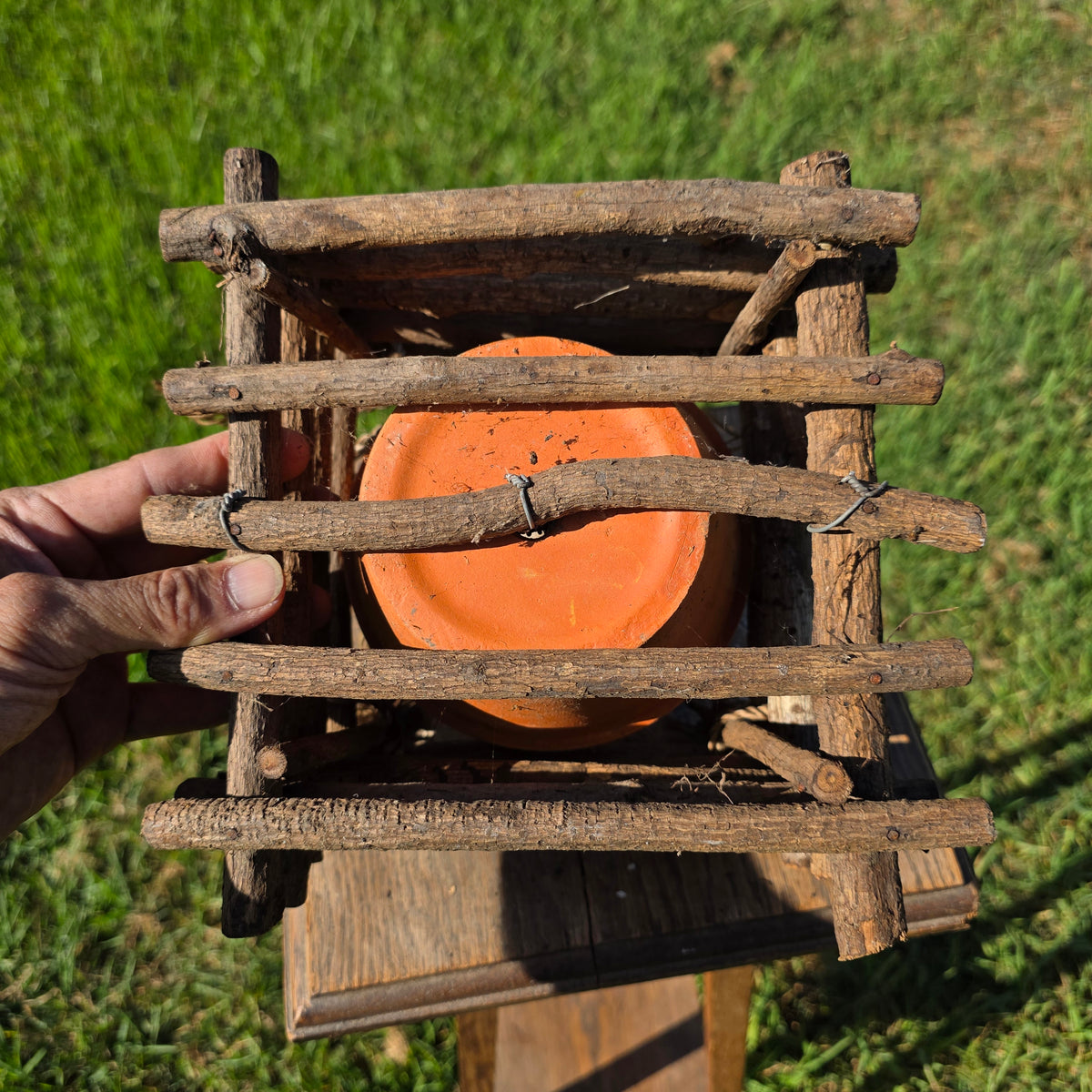 Vintage Rustic Twig Log Cabin Hanging Planter Terracotta Pot Folk Art Boho 9”