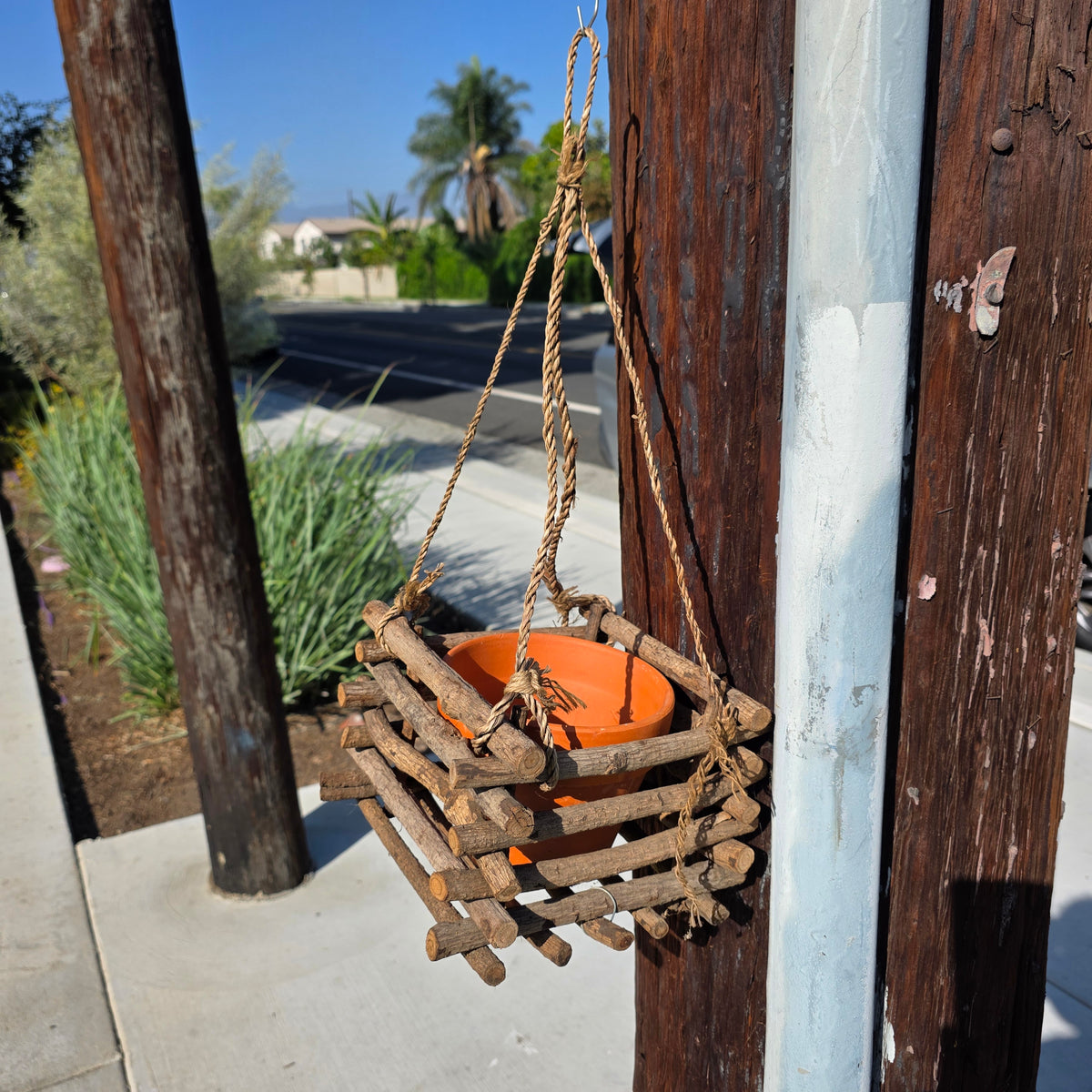 Vintage Rustic Twig Log Cabin Hanging Planter Terracotta Pot Folk Art Boho 9”