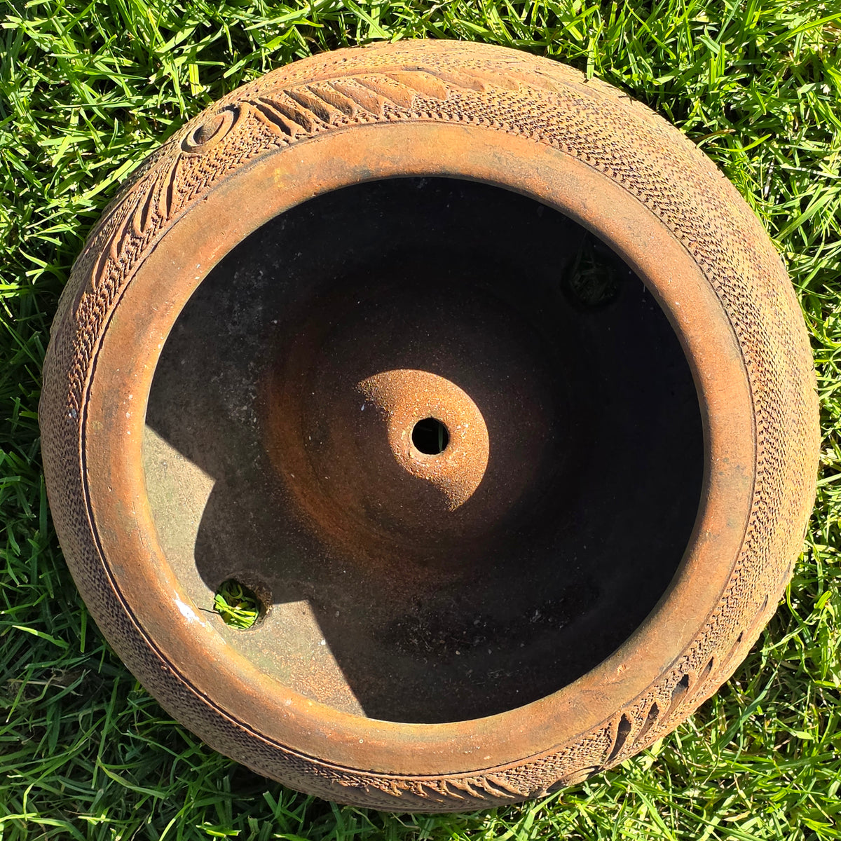 Vintage Terracotta Clay Garden Hose Holder Large Low Planter Bowl Pot Carved 19"