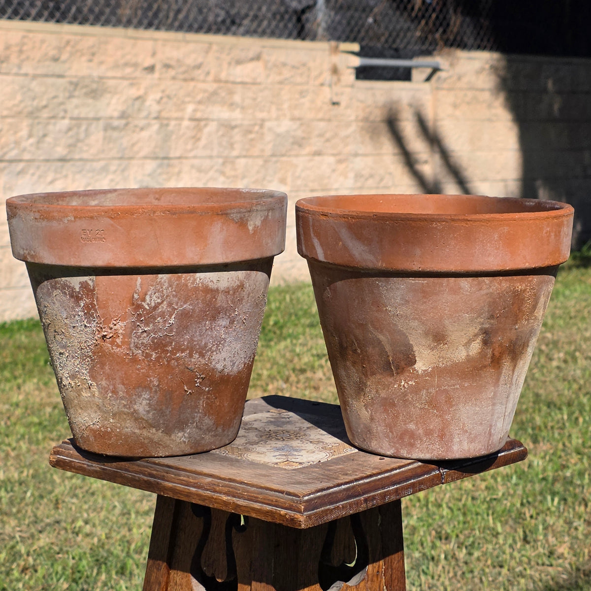 Set of 2 Vintage EV Italy Terracotta Pot 8.75" Clay Planter Garden Aged Pair