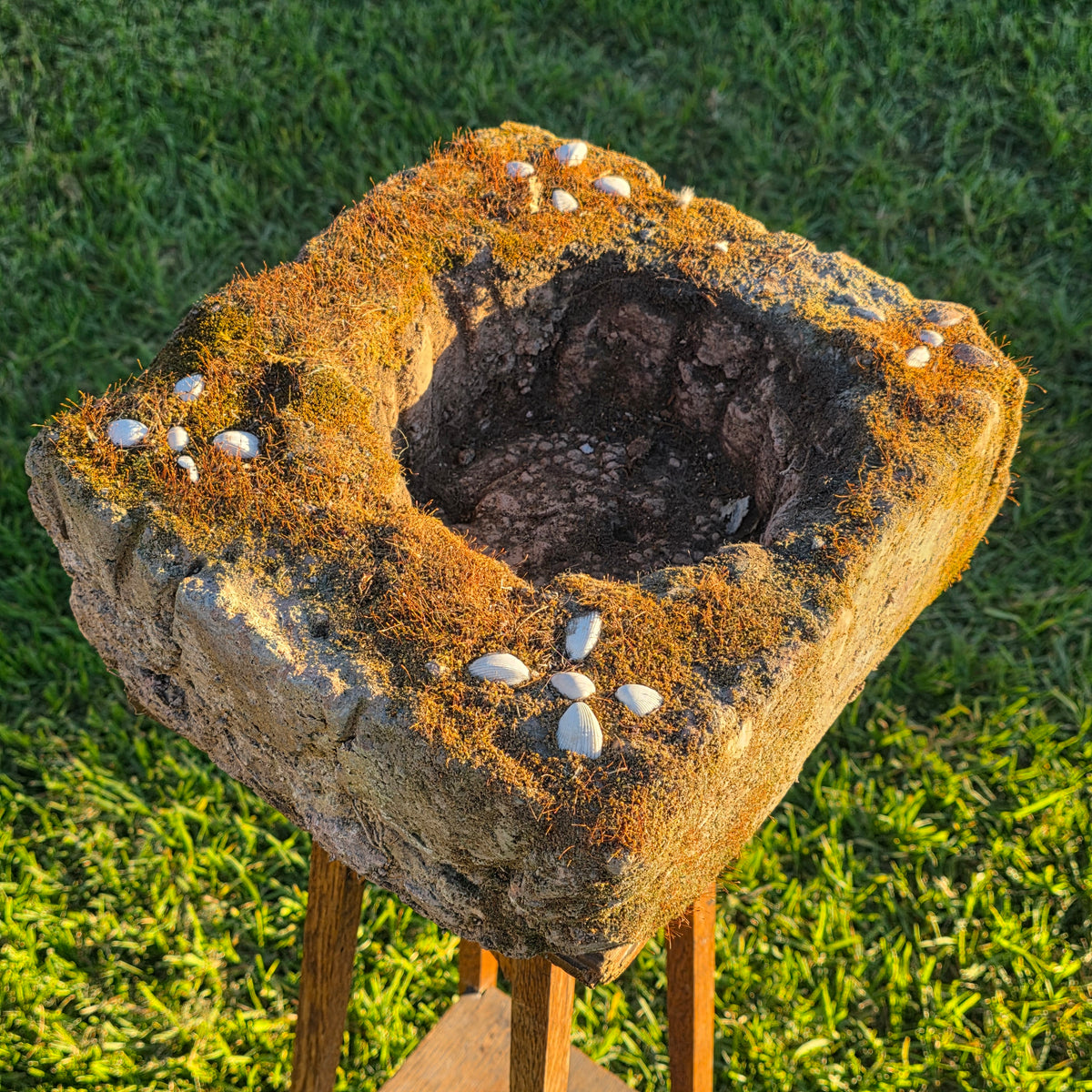 Vtg Mossy Concrete Planter Square Shell Flower Handmade Cement Garden Pot 21lb