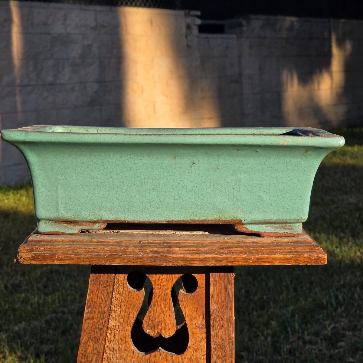 Vintage Celadon Green Glazed Bonsai Pot Rectangle Crackle Ceramic Planter 12"