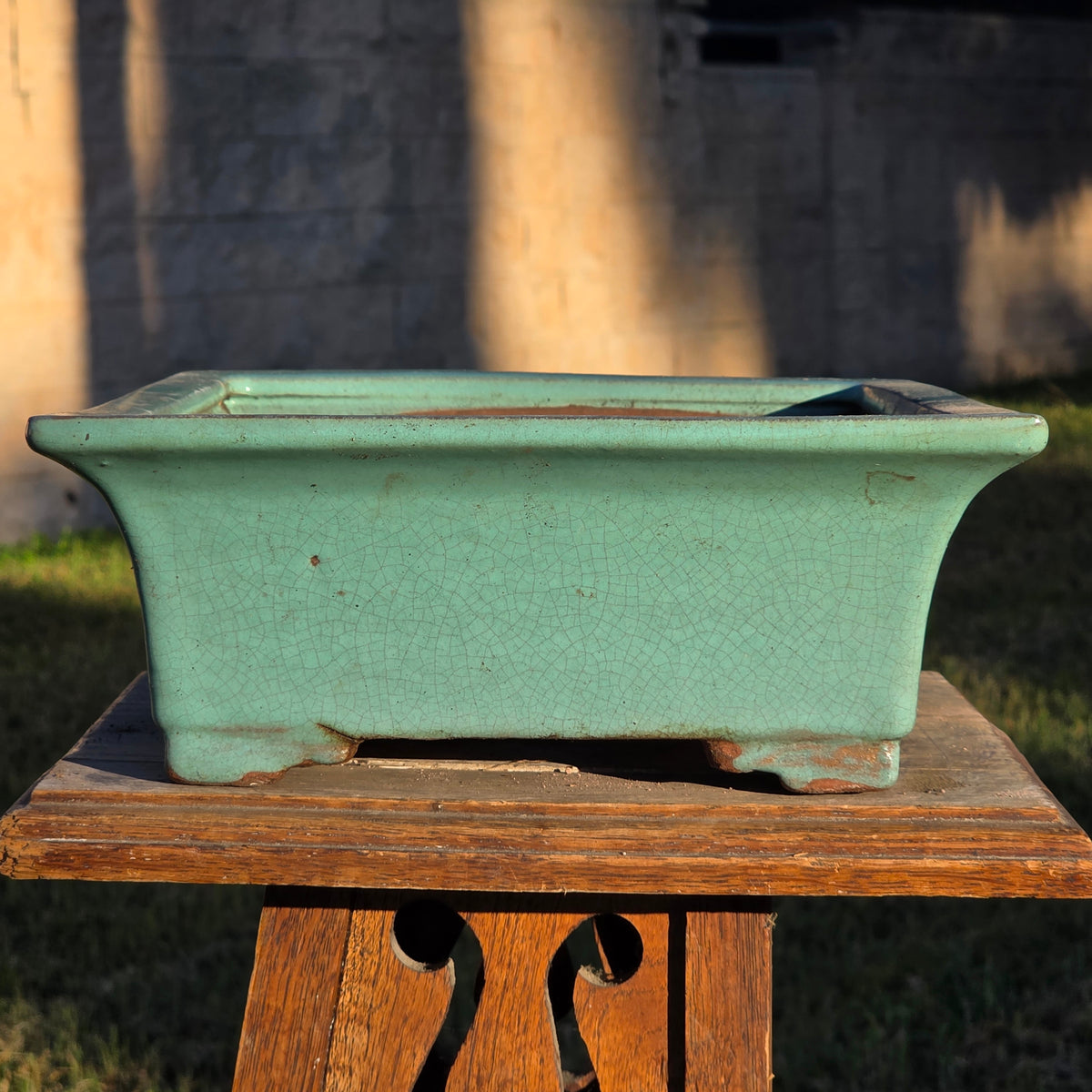 Vintage Celadon Green Glazed Bonsai Pot Rectangle Crackle Ceramic Planter 12"
