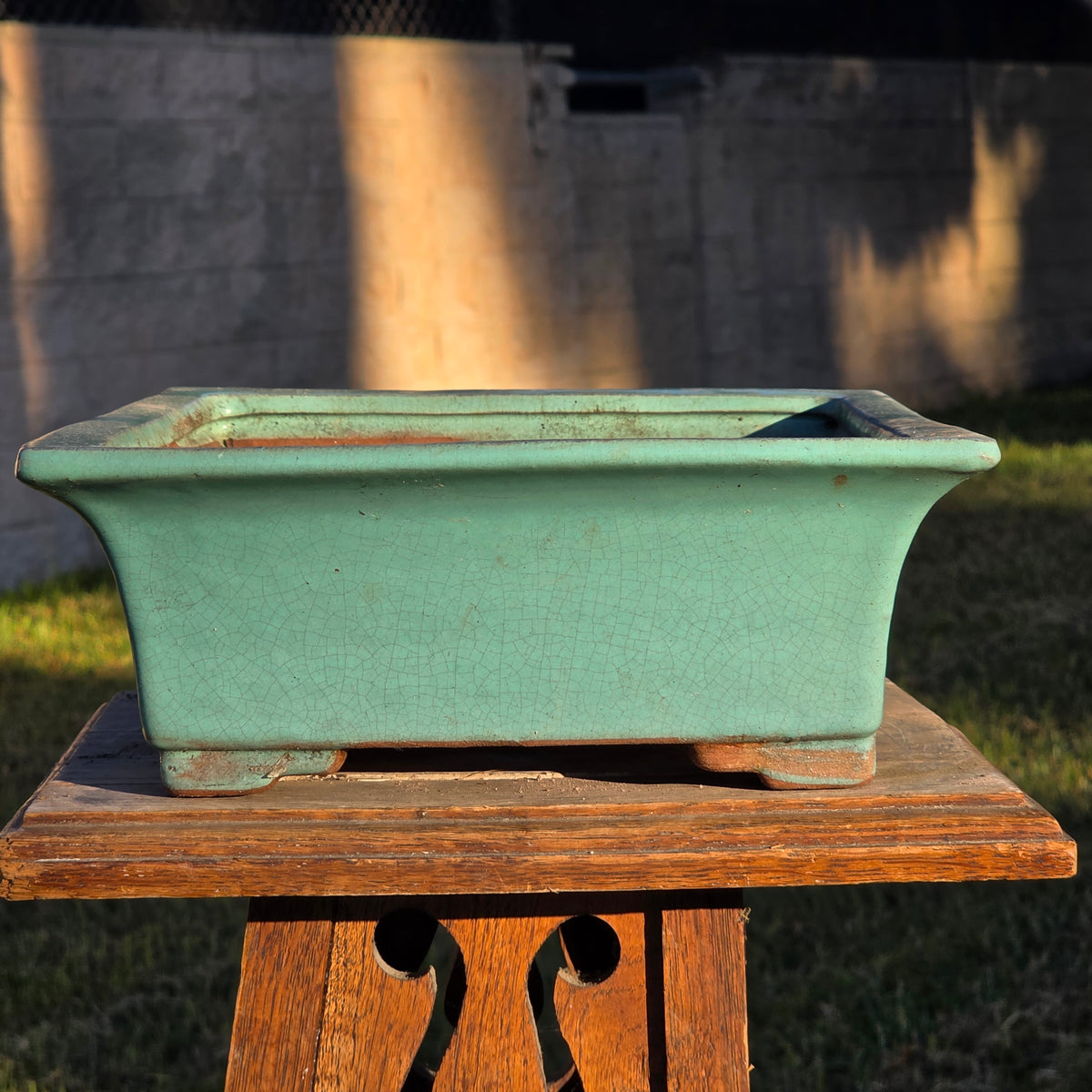 Vintage Celadon Green Glazed Bonsai Pot Rectangle Crackle Ceramic Planter 12"