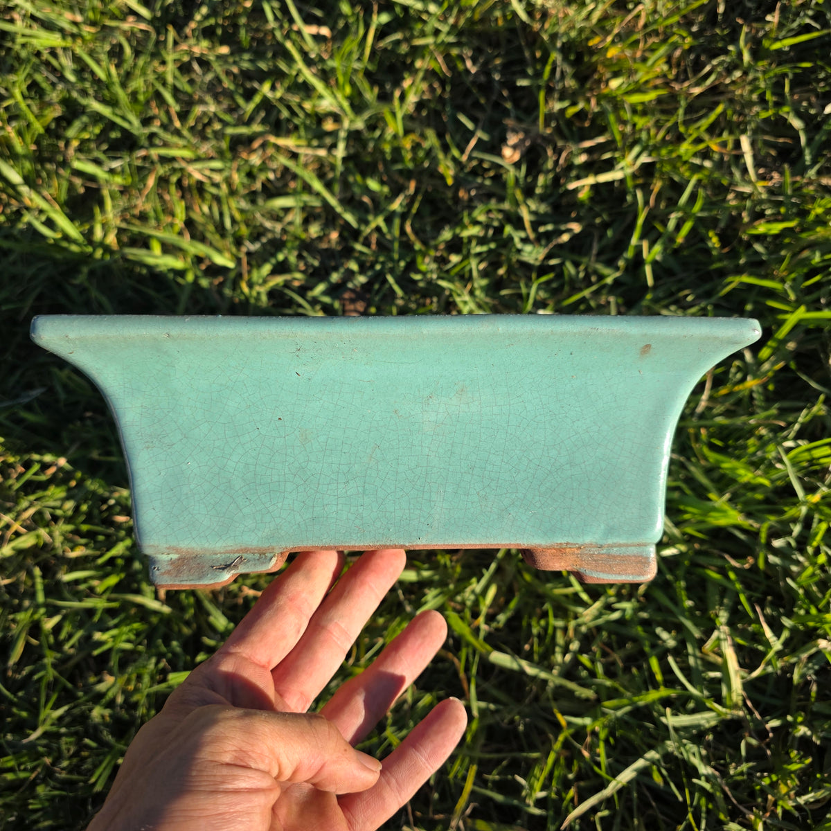 Vintage Celadon Green Glazed Bonsai Pot Rectangle Crackle Ceramic Planter 12"
