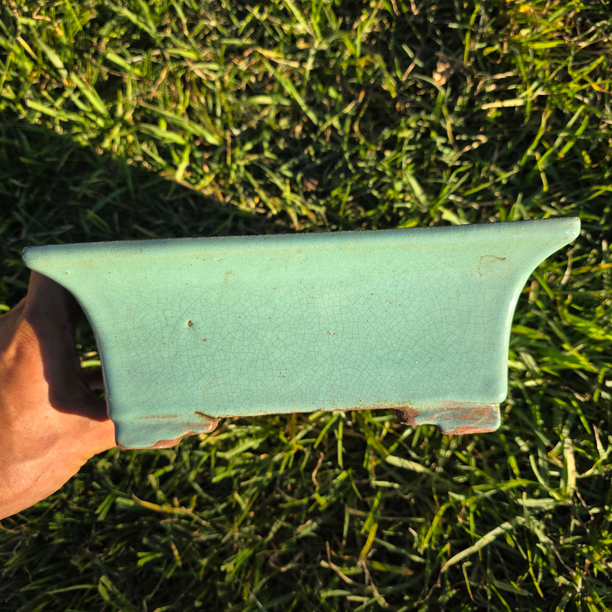 Vintage Celadon Green Glazed Bonsai Pot Rectangle Crackle Ceramic Planter 12"
