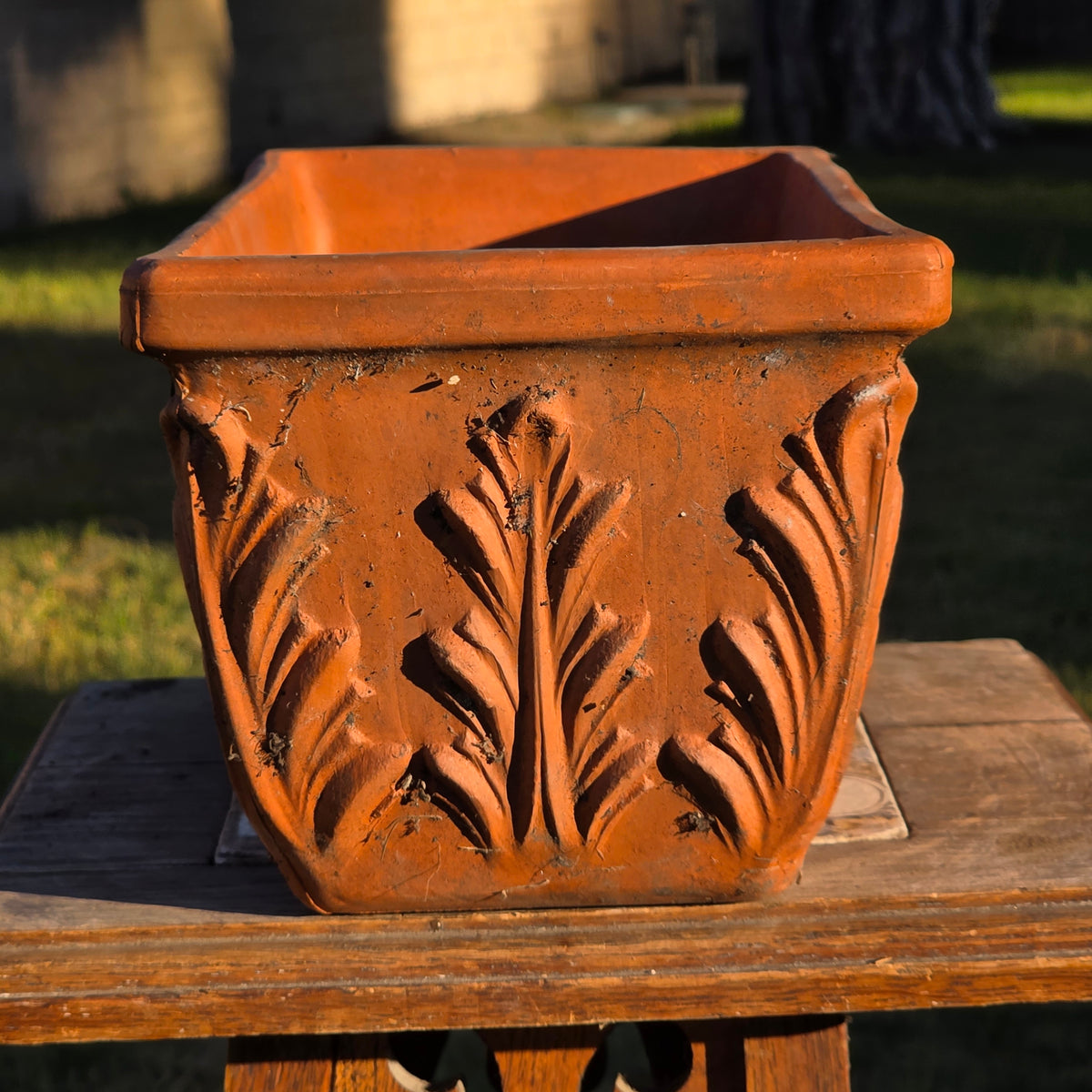 Vtg Terracotta Window Box Planter 12" Acanthus Leaf Weathered Clay Pot Scroll