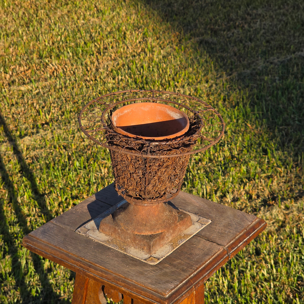 Vintage Wire Urn Planter Rusty Basket Footed Garden Decor Moss Terracotta Pot