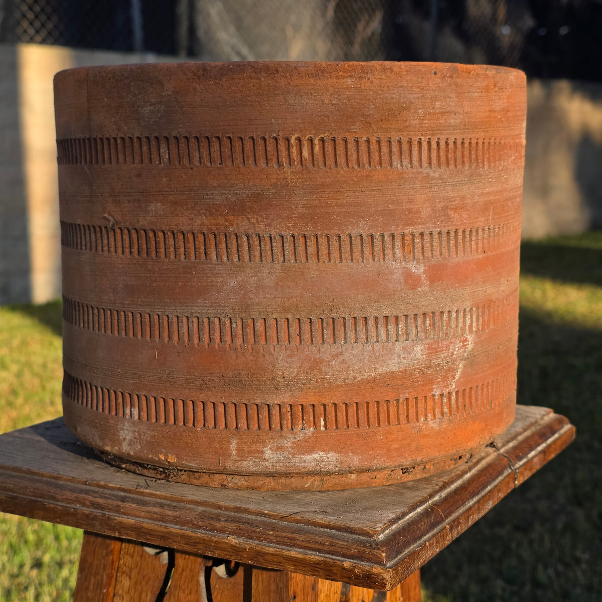 Vtg Mexican Terracotta Planter Aztec Geometric Carved Clay Pot Cylinder 10" x 8"