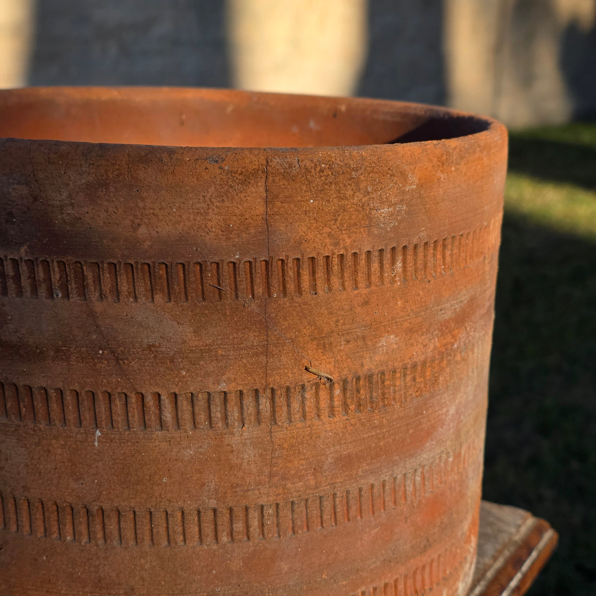 Vtg Mexican Terracotta Planter Aztec Geometric Carved Clay Pot Cylinder 10" x 8"