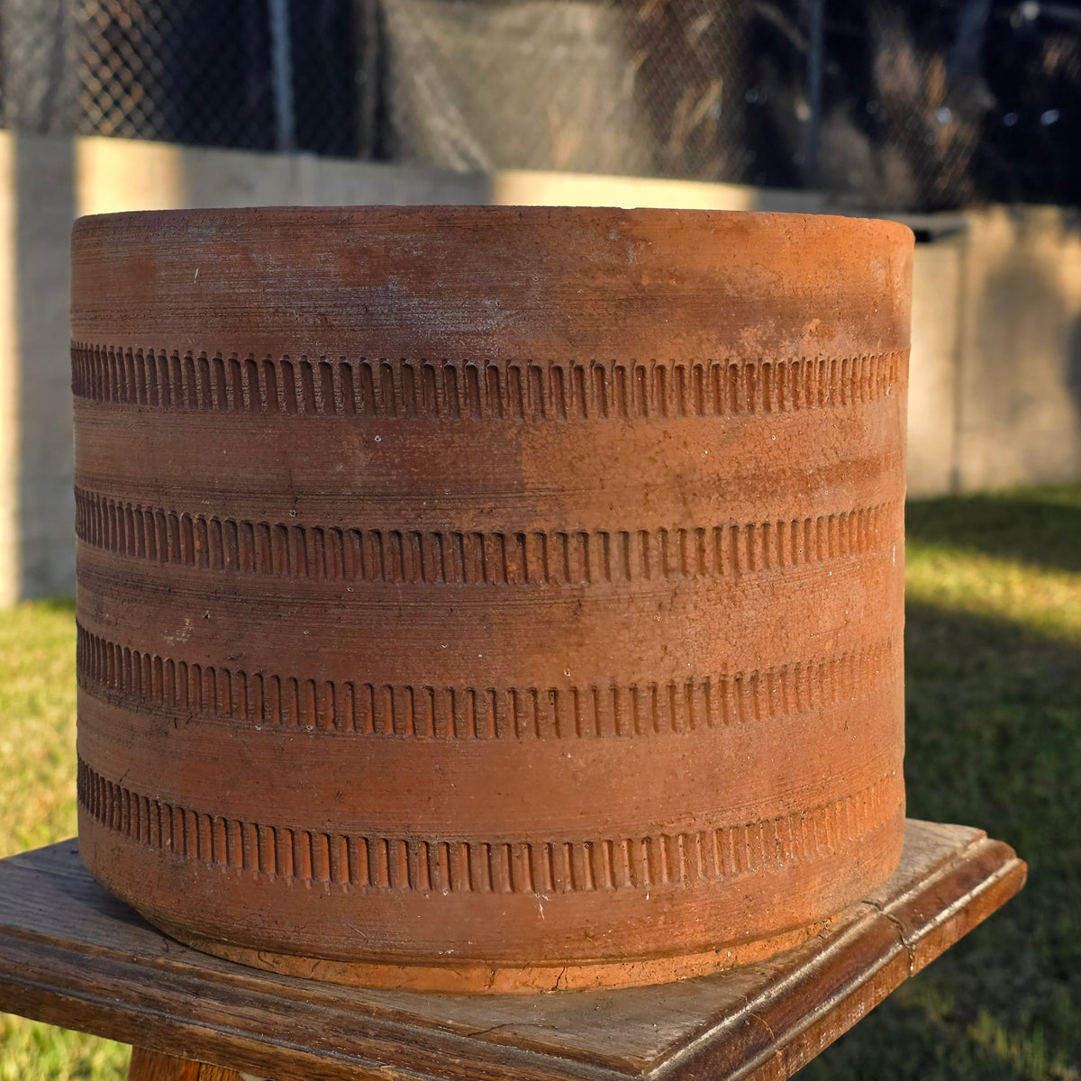 Vtg Mexican Terracotta Planter Aztec Geometric Carved Clay Pot Cylinder 10" x 8"