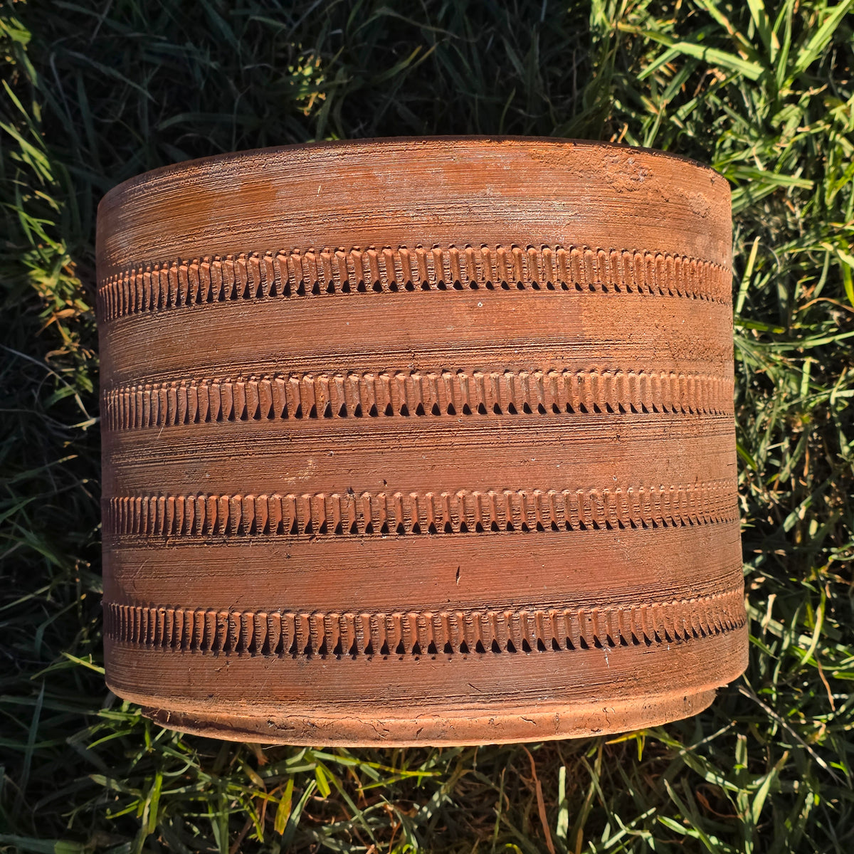 Vtg Mexican Terracotta Planter Aztec Geometric Carved Clay Pot Cylinder 10" x 8"