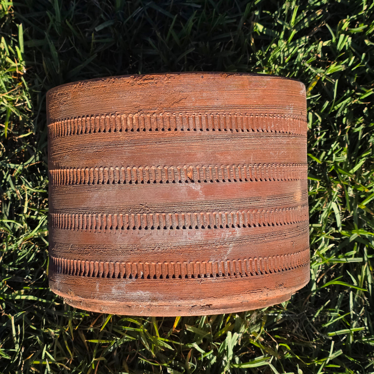 Vtg Mexican Terracotta Planter Aztec Geometric Carved Clay Pot Cylinder 10" x 8"