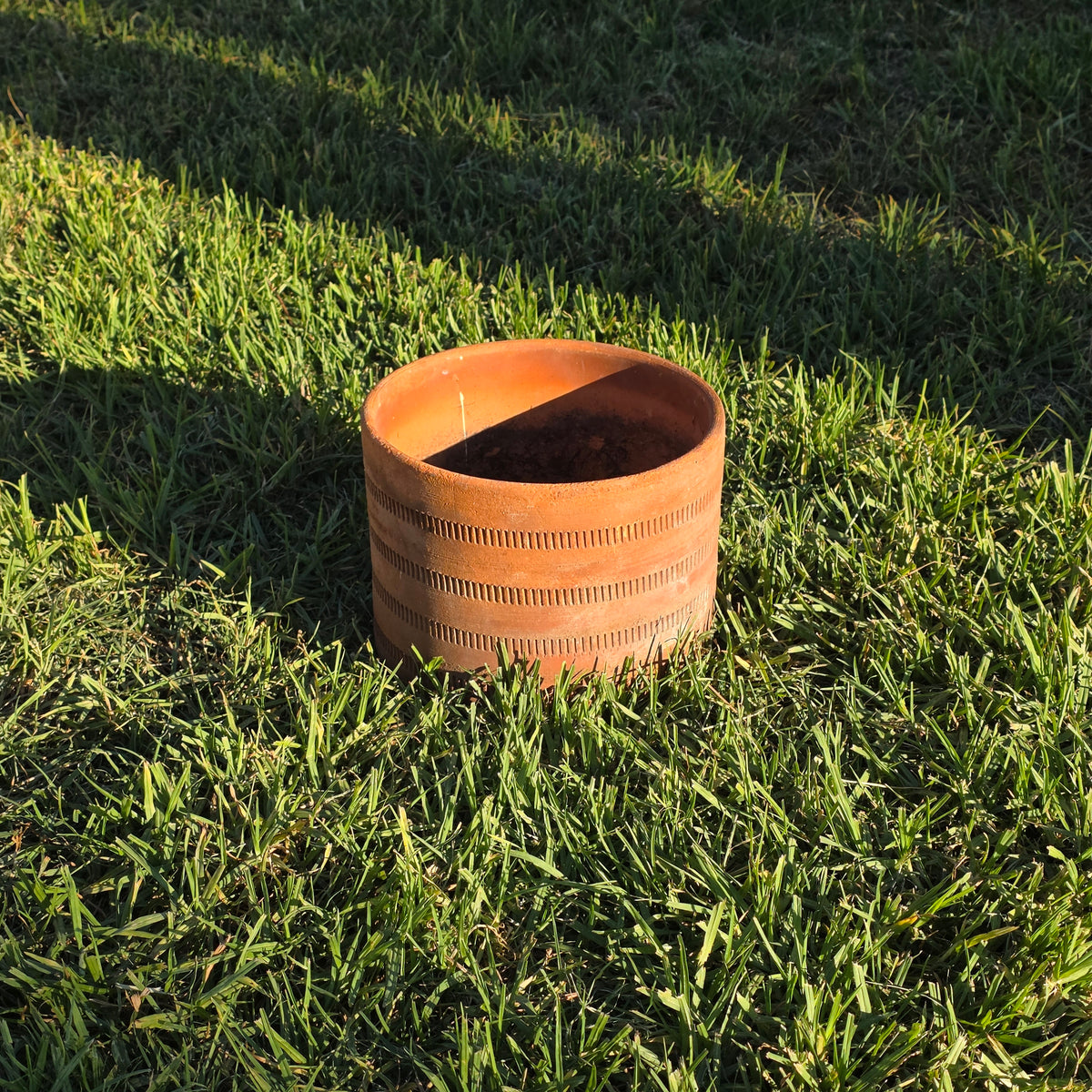 Vtg Mexican Terracotta Planter Aztec Geometric Carved Clay Pot Cylinder 10" x 8"