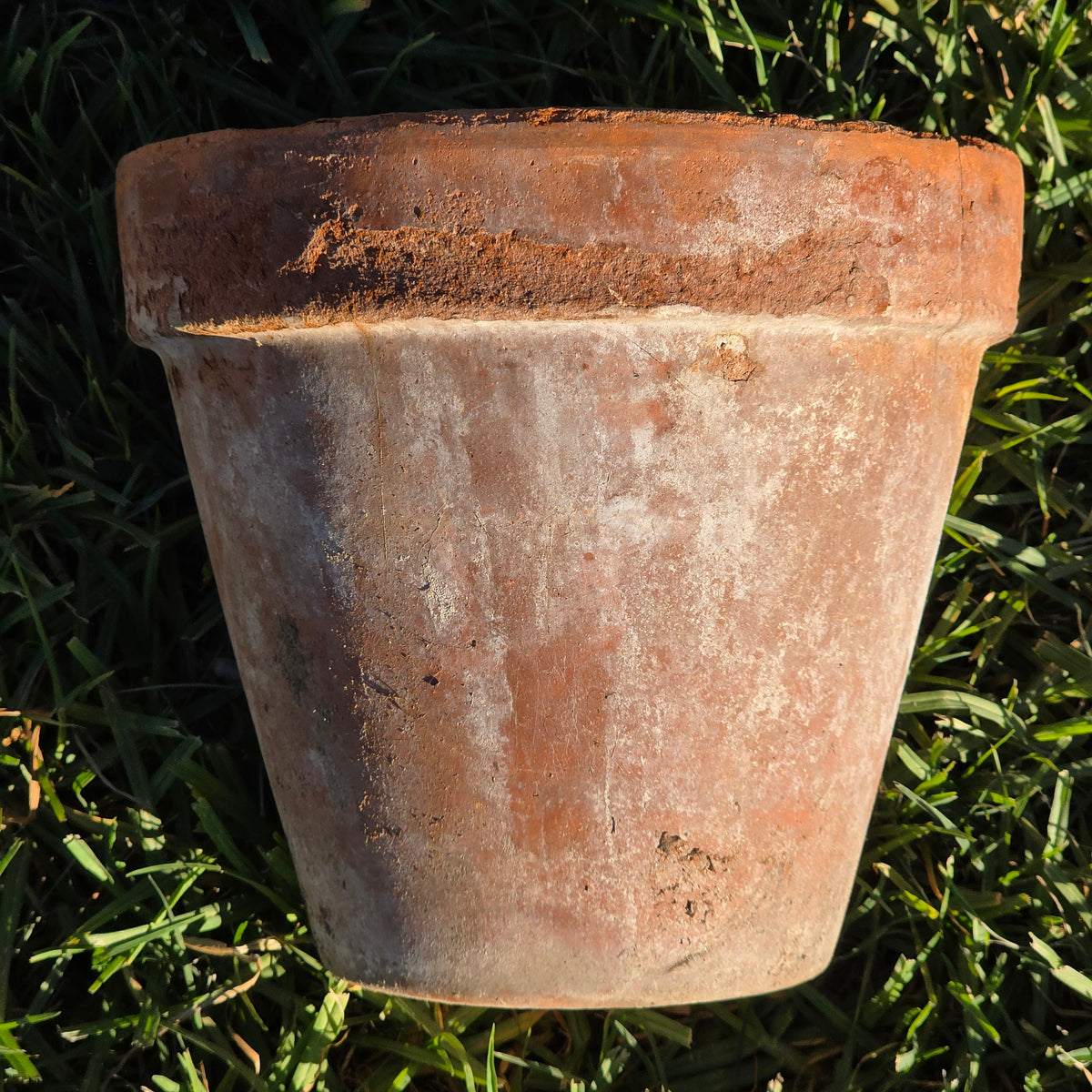 Vtg Terracotta Planter Flat Rimmed Clay Pot Aged Heavy Patina Garden 8.5" x 7.5"