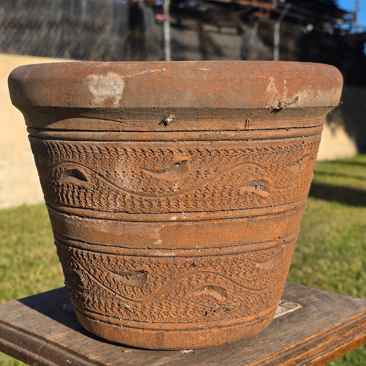 Vintage Mexican Terracotta Planter Pot Wave Textured Clay Flower 10" x 8" Old