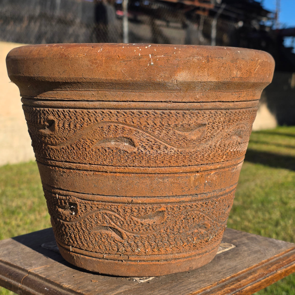 Vintage Mexican Terracotta Planter Pot Wave Textured Clay Flower 10" x 8" Old