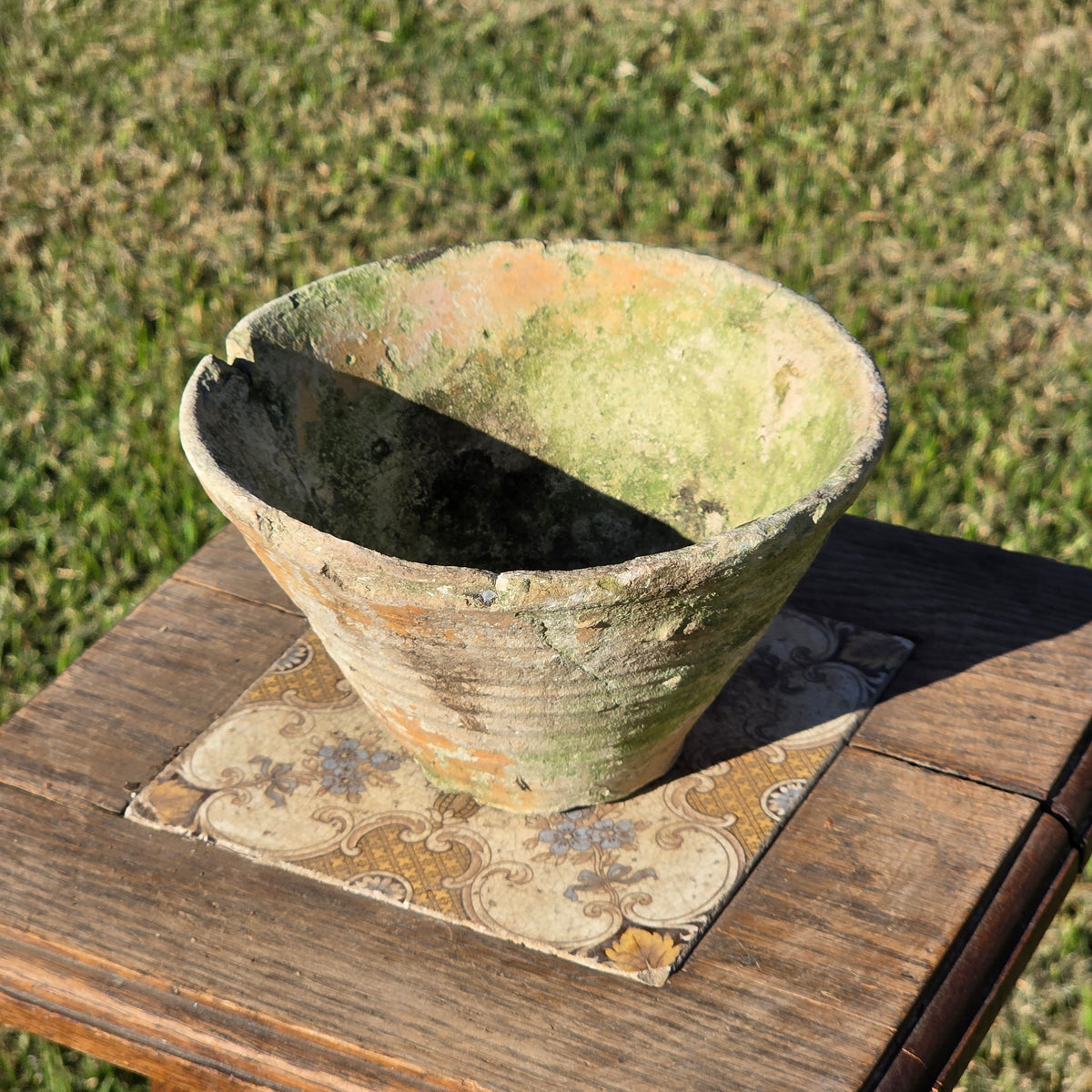 Reserved/Antique French Terracotta Resin Collecting Pot Wheel Thrown Clay Planter Moss