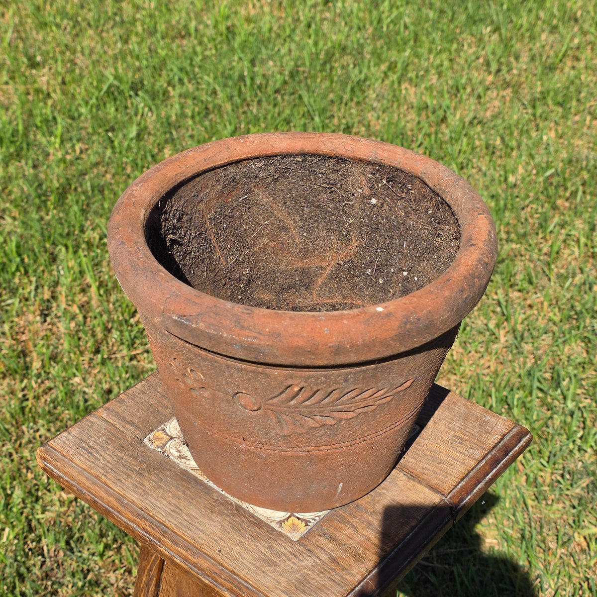 Vintage Mexican Terracotta Planter Clay Pot Relief Leaf Dot 10" Rustic Garden