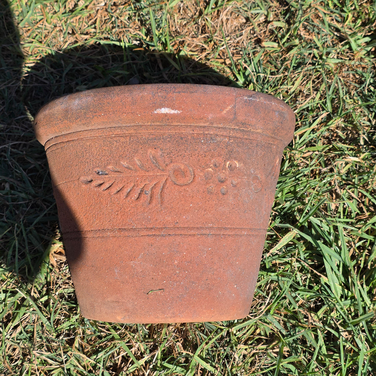 Vintage Mexican Terracotta Planter Clay Pot Relief Leaf Dot 10" Rustic Garden