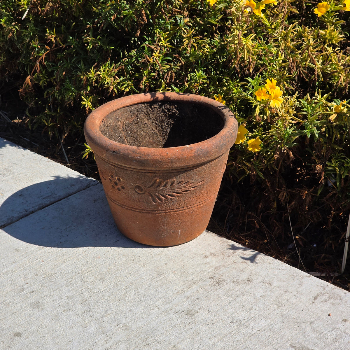 Vintage Mexican Terracotta Planter Clay Pot Relief Leaf Dot 10" Rustic Garden