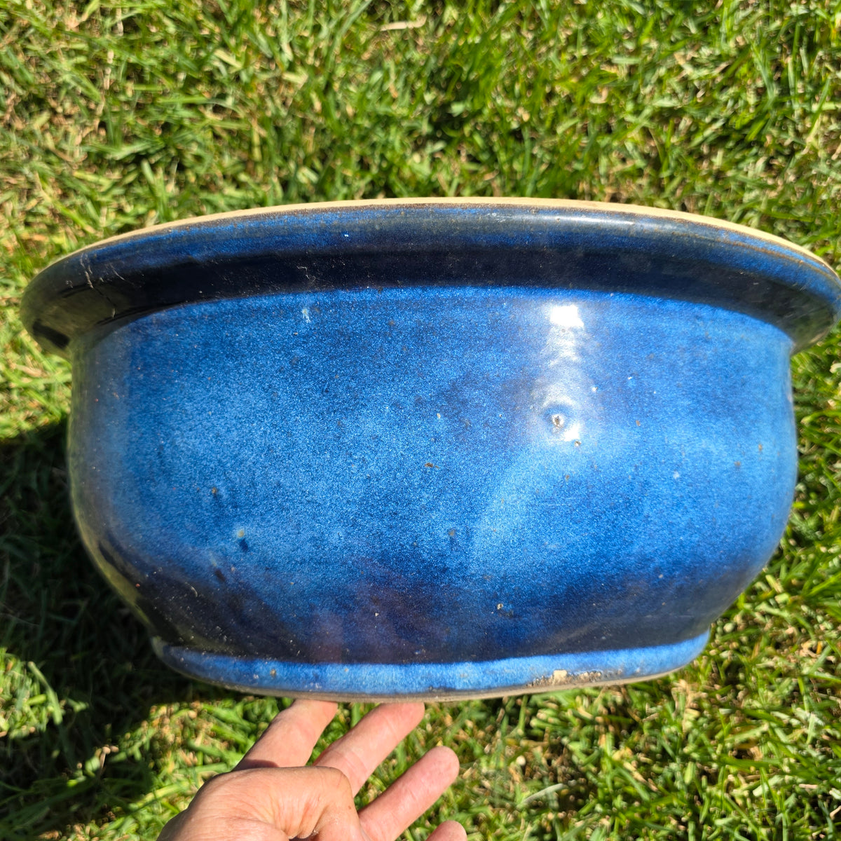 Vintage Large Blue Glazed Bonsai Pot 19" Round Ceramic Planter Succulent Bowl XL