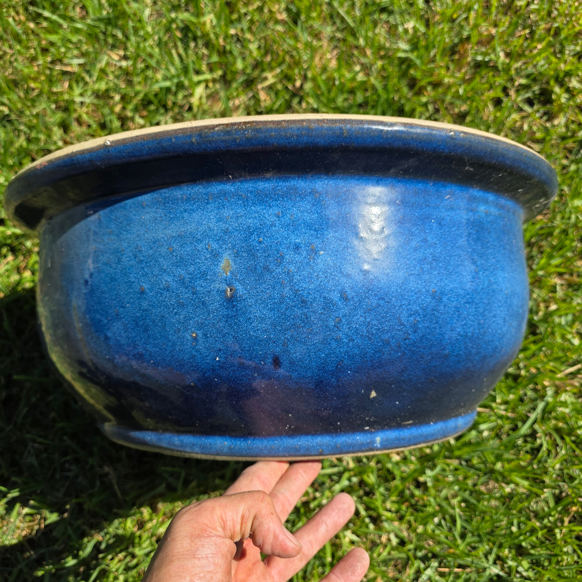 Vintage Large Blue Glazed Bonsai Pot 19" Round Ceramic Planter Succulent Bowl XL