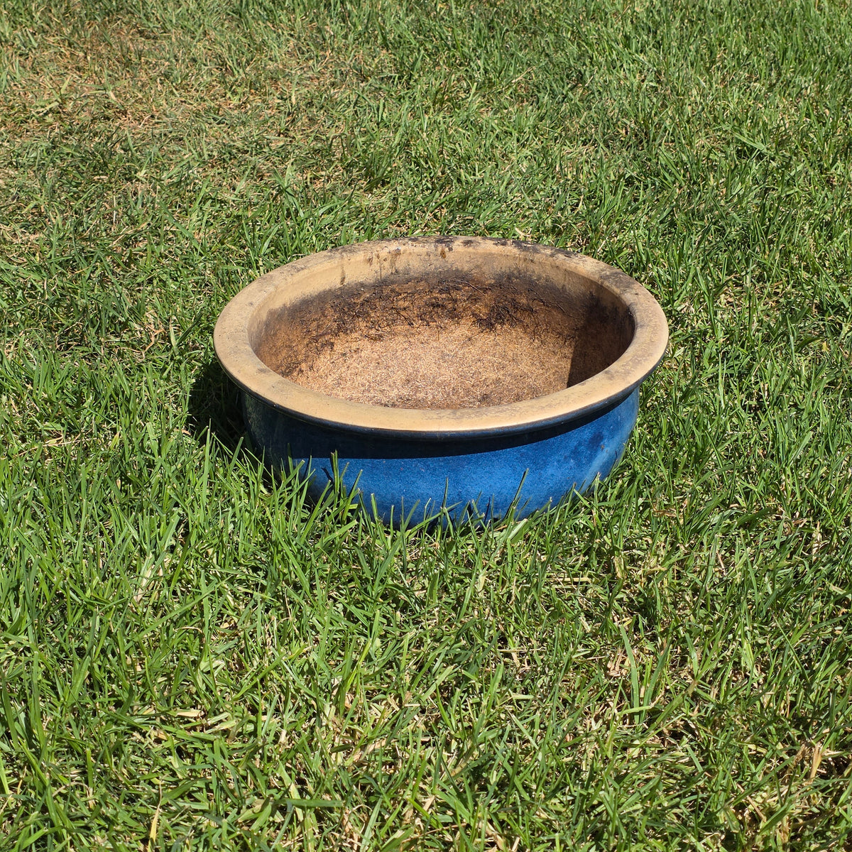 Vintage Large Blue Glazed Bonsai Pot 19" Round Ceramic Planter Succulent Bowl XL