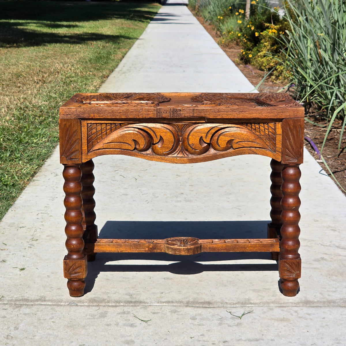 Vtg Black Forest Style Carved Wood Stool Table Bobbin Leg Footstool Bench 23"